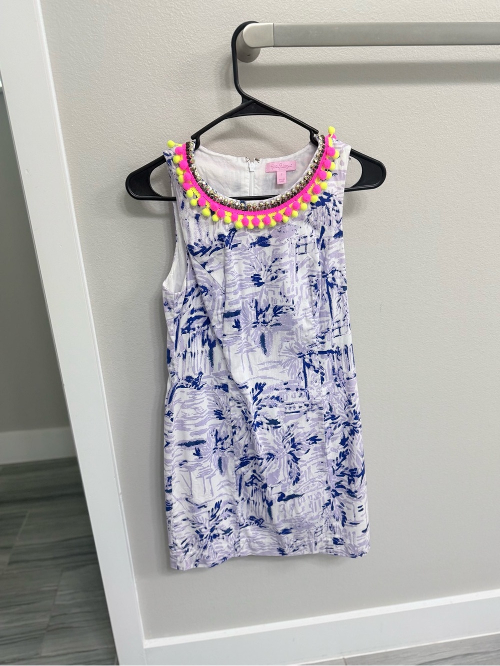 Lilly Pulitzer White & Blue Printed Midi Dress with Neon Pom Trim